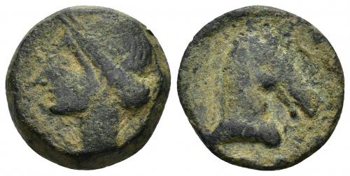 40 - HISPANIA ANTIGUA. EMISIONES HISPANO-CARTAGINESAS. Unidad. A/ Cabeza femenina con tocado de espigas a izq. R/ Cabeza de caballo a der., delante aleph. AE 7,11 g. 19,5 mm. ACIP-585. CC-199, mismo ejemplar. BC+.