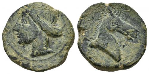 41 - HISPANIA ANTIGUA. EMISIONES HISPANO-CARTAGINESAS. Unidad. A/ Cabeza femenina con tocado de espigas a izq. R/ Cabeza de caballo a der., delante aleph. AE 9,81 g. 22,8 mm. ACIP-585. CC-201, mismo ejemplar. Pátina verde. MBC.
