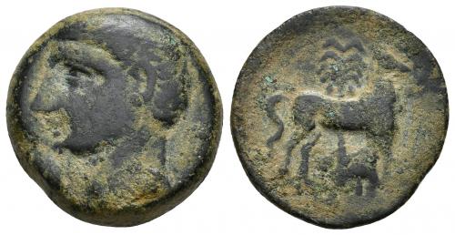 45 - HISPANIA ANTIGUA. EMISIONES HISPANO-CARTAGINESAS. Unidad. A/ Cabeza masculina a izq. R/ Caballo parado delante de palmera. AE 10,90 g. 23,9 mm. ACIP-609. CC-252, mismo ejemplar. Pátina oscura. MBC-/BC+.