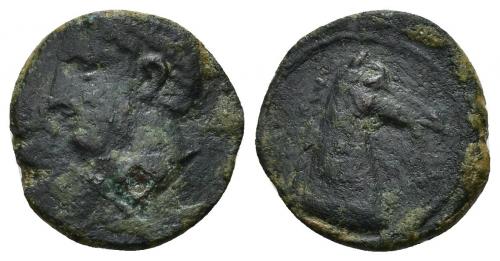 46 - HISPANIA ANTIGUA. EMISIONES HISPANO-CARTAGINESAS. Quinto. A/ Cabeza masculina a izq. R/ Cabeza de caballo a der. AE 2,09 g. 15,9 mm. ACIP-610. CC-258, mismo ejemplar. Marcas. Pátina verde oscuro. BC+.