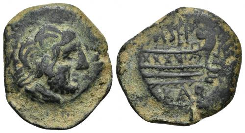 47 - HISPANIA ANTIGUA. CARTEIA. Semis. A/ Cabeza de Saturno a der. R/ Proa a der., delante S, encima M SEP, debajo KAR. AE 9,39 g. 27,5 mm. CNH-25. ACIP-2569. CC-3525, mismo ejemplar. Pátina verde. MBC-/MBC. Rara.