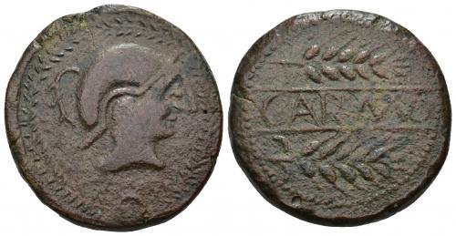 10 - HISPANIA ANTIGUA. CARMO. As. A/ Cabeza con casco a der., alrededor láurea. R/ Dos espigas a der., en medio entre líneas, CARMO. AE 28,53 g. 34,4 mm. I-454. ACIP-2382. CC-3417, mismo ejemplar. Finas rayitas. Pátina marrón. MBC.
