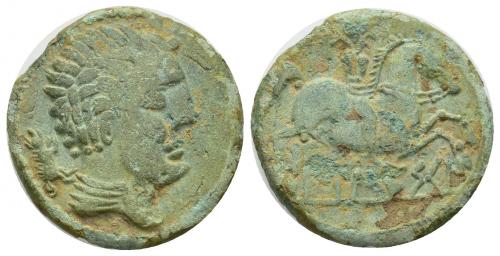 2 - HISPANIA ANTIGUA. AUSESKEN. Unidad. A/ Cabeza masculina con cuello vestido a der., detrás jabalí. R/ Jinete con palma a der., debajo sobre línea AUSESKeN. AE 10,17 g. 25,1 mm. I-170. ACIP-1305. Pátina verde claro con pequeñas erosiones. MBC. Rara. Ex colección Cores.