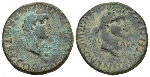 23 - HISPANIA ANTIGUA. CARTAGONOVA. Calígula. As. A/ Cabeza laureada a der.; C CAESAR AVG GERMANIC IMP P M TR P COS. R/ Cabeza de Salus a der.; SAL-AVG, C N ATEL FAC CN POM FLAC II VIR Q V I N C. AE 12,35 g. 28 mm. I-613. APRH-185. ACIP-3155. Oxidaciones. MBC-.