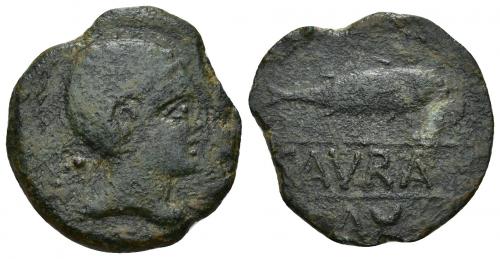 24 - HISPANIA ANTIGUA. CAURA. Semis. A/ Cabeza con casco a der., detrás (X). R/ Sábalo a der., debajo A y creciente; en medio entre líneas, CAVRA. AE 8,19 g. 26 mm. I-766. ACIP-2410. CC-3321, mismo ejemplar. Pátina verde. BC+/MBC-. Muy rara.