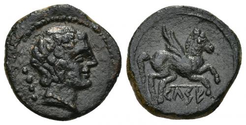 25 - HISPANIA ANTIGUA. KELSE-CELSA. Cuadrante. A/ Cabeza masculina con collar a der., detrás 4 glóbulos. R/ Pegaso volando a der. entre las patas, bajo línea KeLSE. AE 4,13 g. 18,6 mm. I-793. ACIP-1475. Pátina oscura. MBC+/MBC. Rarísima.