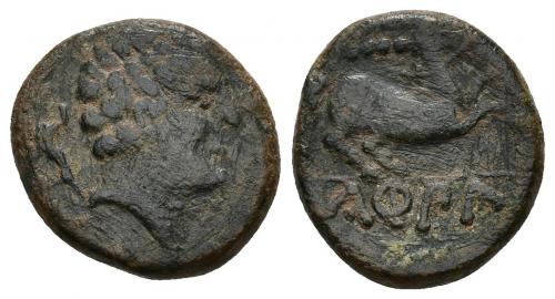 31 - HISPANIA ANTIGUA. KONTERBIA KARBIKA. Divisor. A/ Cabeza masculina con collar a der., detrás delfín. R/ Caballo corriendo a der., encima 4 glóbulos, exergo KaRBiKa. AE 4,13 g. 17,3 mm. I-860. ACIP-1832. CC-2345, mismo ejemplar. Finas rayas. Pátina oscura. MBC-. Muy rara.