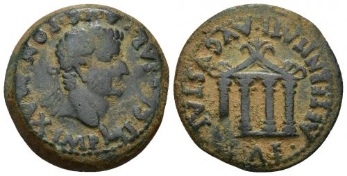 33 - HISPANIA ANTIGUA. AUGUSTA EMERITA. Tiberio. As. A/ Cabeza laureada a der.; TI CAESAR AVG PON MAX IMP. R/ Templo tetrástilo; AETERNITATI AVGVSTAE (C) A E. AE 12,00 g. 28 mm. I-1062. APRH-48b. ACIP-3414a. CC-3961, mismo ejemplar. Pátina verde oscuro. MBC-/MBC. Muy escasa.