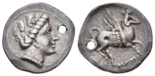 46 - HISPANIA ANTIGUA. DRACMAS DE IMITACIÓN EMPORITANA. Dracma. A/ Cabeza femenina a der., alrededor tres delfines. R/ Pegaso con la cabeza modificada a der., debajo ley. pseudo-ibérica. AR 4,72 g. 21 mm. ACIP-336, mismo ejemplar ilustrado. CC-843, mismo ejemplar. Agujero. EBC-/MBC+. Rarísima. Posiblemente única.