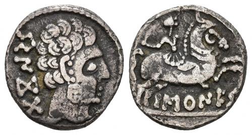5 - HISPANIA ANTIGUA. BASKUNES. Denario. A/ Cabeza masculina a der., detrás BeNKoTa. R/ Jinete con espada a der., debajo sobre línea BaSKuNES. AR 2,96 g. 17,1 mm. I-215. ACIP-1630. MBC-.