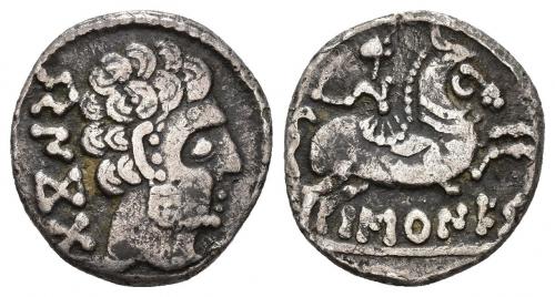 5   -  HISPANIA ANTIGUA. BASKUNES. Denario. A/ Cabeza masculina a der., detrás BeNKoTa. R/ Jinete con espada a der., debajo sobre línea BaSKuNES. AR 2,96 g. 17,1 mm. I-215. ACIP-1630. MBC-.