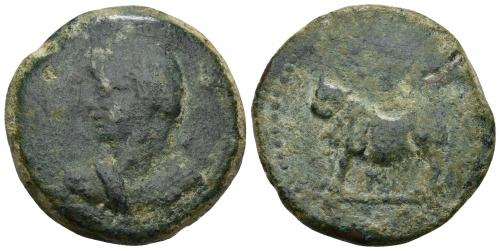 3006 - HISPANIA ANTIGUA. BORA. As. A/ Cabeza femenina velada y con cetro a izq. R/ Toro a izq., encima BORA poco visible. AE 32,06 g. 35,4 mm. I-289. ACIP-2309. CC-3624, mismo ejemplar. Pátina verde. BC/BC+. Escasa.
