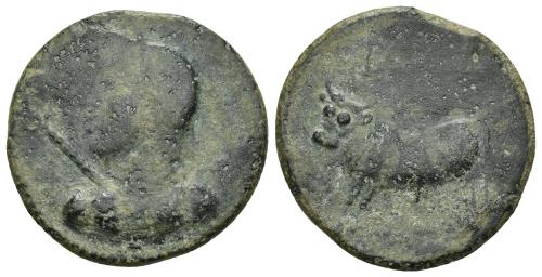 3007 - HISPANIA ANTIGUA. BORA. Semis. A/ Cabeza femenina velada y con cetro a izq. R/ Toro a izq., encima BORA, poco visible. AE 9,40 g. 26,8 mm. I-291. ACIP-2310. CC-3628, mismo ejemplar. Pátina verde oscura. BC+.
