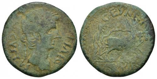 3008 - HISPANIA ANTIGUA. CAESARAUGUSTA. Augusto. As. A/ Cabeza laureada a der.; AVGVSTVS DIVI F. R/ Yunta fundacional a der.; CAESAR (AVGVSTA Q LVTAT M FABI). AE 9,30 g. 27 mm. I-313. APRH-305. ACIP-3028. CC-4688, mismo ejemplar. Pátina verde. BC+. Rara. Ex Cayón (27-11-2018), lote 257.