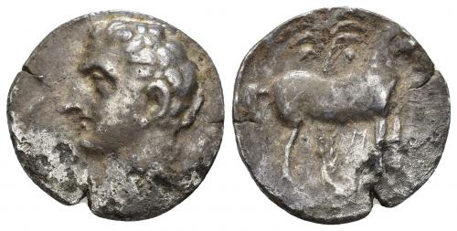3013 - HISPANIA ANTIGUA. EMISIONES HISPANO-CARTAGINESAS. Shekel. A/ Cabeza masculina a izq. R/ Caballo parado a der. delante de palmera, entre las patas zayim. AR 6,54 g. 21 mm. I-549. ACIP-626. CC-5664, mismo ejemplar. Cospel abierto. Erosiones. MBC-.