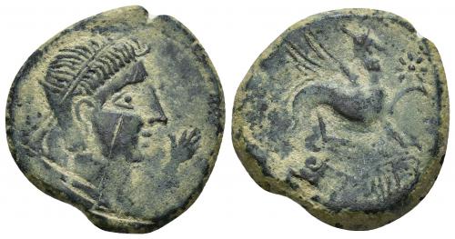 3017 - HISPANIA ANTIGUA. CASTULO. As. A/ Cabeza masculina diademada a der., delante mano. R/ Esfinge avanzando a der., delante estrella, en exergo KaSTiLO. AE 10,73 g. 27,4 mm. I-700. ACIP-2143. Raya en anv. Pátina verde oscuro. MBC/MBC-.