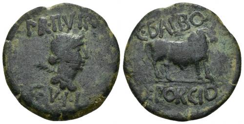 3018 - HISPANIA ANTIGUA. CELSA. As. A/ Busto de Victoria a der., detrás palma; PR II VIR/ C V I L. R/ Toro a der., encima C BALBO/L PORCIO. AE 15,43 g. 31 mm. I-800. APRH-262. ACIP-1493. CC-4564, mismo ejemplar. Pátina verde oscuro. MBC-.