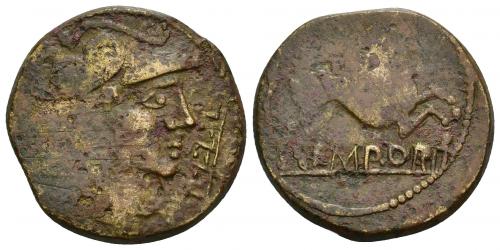 3023 - HISPANIA ANTIGUA. EMPORIAE. As. A/ Cabeza de Minerva a der.; delante P.L.L.L. R/ Pegaso volando a der., encima láurea (no visible), debajo sobre línea EMPORIT. AE 10,52g. 27 mm. I-1267 vte. APRH-238b. ACIP-1067 vte. CC-4512, mismo ejemplar. Vanos de acuñación. MBC/MBC-.