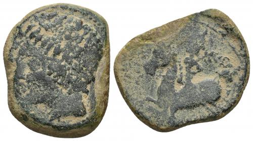 3026 - HISPANIA ANTIGUA. ILITURGI. As. A/ Cabeza masculina diademada a der. R/ Jinete con palma a izq., en exergo ILVTVRGI (no visible). AE 13,71 g. 29,1 mm. I-1558? ACIP-2305? Cospel irregular. Pátina oscura. BC-. Rara. Ex colección Cores.