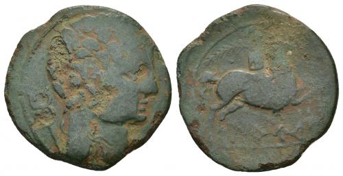 3032 - HISPANIA ANTIGUA. LAURO. Unidad. A/ Cabeza masculina a der., detrás caduceo. R/ Jinete con palma a der., debajo sobre línea ley. ibérica LAURO. AE 6,41 g. 26,5 mm. I-1682. ACIP-1359. CC-1374, mismo ejemplar. Pátina verde con erosiones. BC+. Rara.