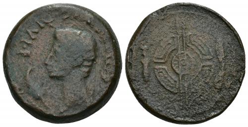3033 - HISPANIA ANTIGUA. EMISIONES DEL NOROESTE O DE LA CAETRA. Augusto. Dupondio. A/ Cabeza a izq., delante palma, detrás caduceo; IMP AVG DIVI F. R/ Rodela entre falcata y cuchillo. AE 19,89 g. 30 mm. I-1701. APRH-2. ACIP-3300. CC-3832, mismo ejemplar. BC. Rara.