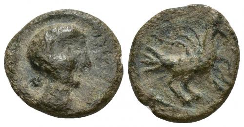 3035 - HISPANIA ANTIGUA. OBULCO. Semis. A/ Cabeza femenina con moño a der., delante OBVLCO. R/ Águila con alas abiertas a der. AE 4,13 g. 19,1 mm. I-1843. ACIP-2247. MBC-. Muy rara. Ex colección Cores.