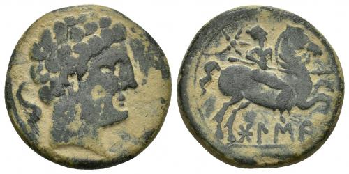 3036 - HISPANIA ANTIGUA. BOLSKAN-OSCA. As. A/ Cabeza masculina a der., detrás delfín. R/ Jinete lancero a der., detrás estrella, debajo sobre línea BoLSKa(N). AE 10,36 g. 24,1 mm. I-1918. ACIP-1415. Pátina verde terrosa. BC+/MBC-. Escasa.