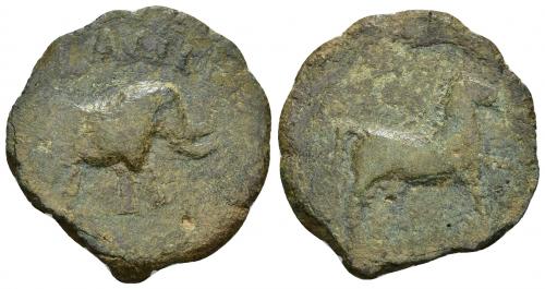 3038 - HISPANIA ANTIGUA. SACILI. Unidad. A/ Elefante a der., encima SACILI. R/ Caballo avanzando a der., encima restos de ley. fenicia. AE 9,47 g. 30,9 mm. I-2018 vte. ACIP-956. CC-784, mismo ejemplar. BC. Muy rara.
