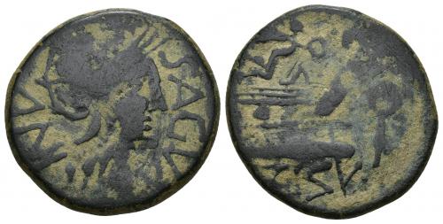 3039 - HISPANIA ANTIGUA. ARSE-SAGUNTUM. As. A/ Cabeza femenina galeada a der.; SAGVNTINV. R/ Proa de nave a der., delante caduceo, debajo ley. ibérica ARSE. AE 15,68 g. 30,3 mm. I-2078. ACIP-1986. CC-1113, mismo ejemplar. Pátina oscura. BC+.