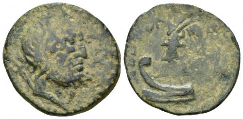 3040 - HISPANIA ANTIGUA. ARSE-SAGUNTUM. As. A/ Cabeza de Neptuno a der., detrás tridente. R/ Victoria sobre proa a izq.; SAG POL. AE 8,87 g. 29 mm. I-no. APRH-485. ACIP-2027. CC-4465, mismo ejemplar. Pátina verde con erosiones. BC. Rara.