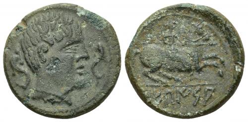 3041 - HISPANIA ANTIGUA. SEKAISA. As. A/ Cabeza masculina con collar a der. entre dos delfines. R/ Jinete a der., en exergo SEKaISA. AE 8,73 g. 24,1 mm. I-2131. ACIP-1562. Pátina verde con erosiones. MBC-.