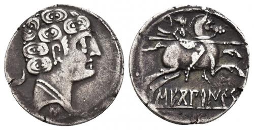 3042 - HISPANIA ANTIGUA. SEKOBIRIKES. Denario. A/ Cabeza masculina con collar a der., detrás creciente, debajo signo ibérico S. R/ Jinete lancero a der. con dos pies visibles, debajo SEKoBiRIKeS. AR 2,77 g. 19,3 mm. I-2172. ACIP-1874. MBC.