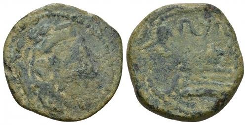 3043 - HISPANIA ANTIGUA. SEKS. Unidad. A/ Cabeza de Melkart con leonté y clava a der. R/ Proa a izq., encima ley. sks. AE 8,93 g. 26,4 mm. I-2221. ACIP-832. CC-497, mismo ejemplar. Pátina verde. BC-. Muy rara.