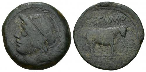 3044 - HISPANIA ANTIGUA. SISIPO. As. A/ Cabeza con casco a izq. R/ Toro a der., encima DETVMO, exergo SISIPO (poco visible). AE 13,97 g. 28,5 mm. I-2255. ACIP-2498. CC-3683, mismo ejemplar. Pátina oscura. BC+. Rara.