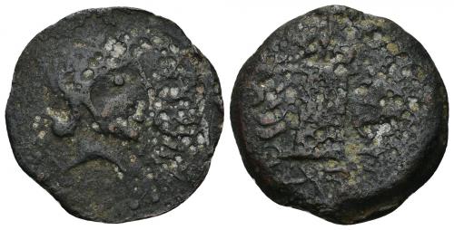 3046 - HISPANIA ANTIGUA. TAGILIT. Unidad. A/ Cabeza femenina a der., delante tglyt. R/ ¿Altar o lingote?, ley. púnica p´lt-´bdrtk. AE 9,72 g. 27,7 mm. I-2259. ACIP-886. CC-535, mismo ejemplar. Fuertes erosiones. BC/RC. Rara.