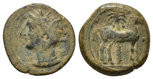 2010 - COLECCIÓN CORES. SICILIA-CARTAGO (Mediados s. IV-300 a.C.). A/ Cabeza de Tanit a izq. R/ Caballo parado a der. delante de palmera, delante glóbulo a la altura del pecho. AE 2,7 g. 17 mm. J-L. App. 3.4; CC-5324, mismo ejemplar. Pátina verde terrosa. MBC-/MBC.