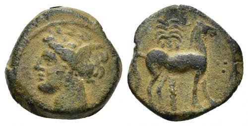 2011 - COLECCIÓN CORES. SICILIA-CARTAGO (Mediados s. IV-300 a.C.). A/ Cabeza de Tanit a izq. R/ Caballo parado a der. delante de palmera, delante dos glóbulos a la altura del pecho. AE 3,68 g. 16 mm. J-L. App. 3.5; CC-5329, mismo ejemplar. Pátina verde terrosa. MBC-/MBC.