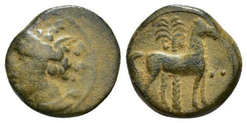 2012 - COLECCIÓN CORES. SICILIA-CARTAGO (Mediados s. IV-300 a.C.). A/ Cabeza de Tanit a izq. R/ Caballo parado a der. delante de palmera, delante dos glóbulos en horizontal a la altura del pecho. AE 3,3 g. 16 mm. COP-109-119 var. CC-5333, mismo ejemplar. Anv. descentrado. BC+/MBC.