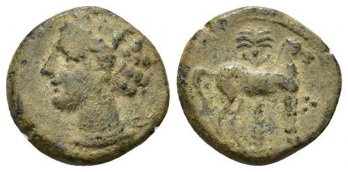 2013 - COLECCIÓN CORES. SICILIA-CARTAGO (Mediados s. IV-300 a.C.). A/ Cabeza de Tanit a izq., detrás glóbulo. R/ Caballo parado a der. delante de palmera, delante 3 glóbulos. AE 3,25 g. 17 mm. COP-119; J-L. App. 3.6; CC-5336, mismo ejemplar. Pátina terrosa. BC+/MBC-