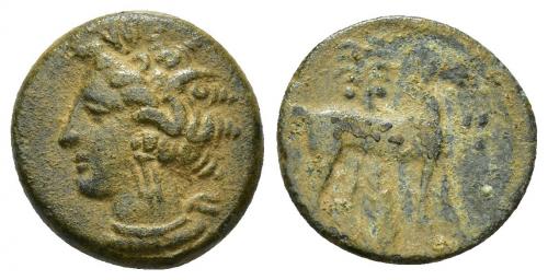 2014 - COLECCIÓN CORES. SICILIA-CARTAGO (Mediados s. IV-300 a.C.). A/ Cabeza de Tanit a izq., detrás glóbulo. R/ Caballo parado a der. delante de palmera, delante 3 glóbulos. AE 2,85 g. 15 mm. COP-119; J-L. App. 3.6; CC-5340, mismo ejemplar. Pátina verde. MBC/BC+.