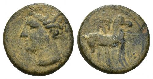 2016 - COLECCIÓN CORES. SICILIA-CARTAGO (Mediados s. IV-300 a.C.). A/ Cabeza de Tanit a izq., delante glóbulo. R/ Caballo parado a der. delante de palmera, 3 glóbulos delante de las patas. AE 2,58 g. 15,5 mm. J-L. App. 3.8; CC-5363, mismo ejemplar. Pátina verdosa. MBC-.