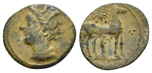 2017 - COLECCIÓN CORES. SICILIA-CARTAGO (Mediados s. IV-300 a.C.). A/ Cabeza de Tanit a izq., delante glóbulo. R/ Caballo parado a der. delante de palmera, 3 glóbulos delante y otro en la parte inferior. AE 1,66 g. 17 mm. COP-118; J-L. App. 3.13; CC-5372, mismo ejemplar. Pátina terrosa. MBC-.