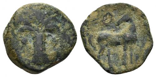 2019 - COLECCIÓN CORES. SICILIA-CARTAGO (Mediados s. IV-300 a.C.). A/ Palmera con frutos. R/ Caballo a der. con cabeza vuelta. AE 3,49 g. 17 mm. COP-126. Pátina verde. BC+. Rara.