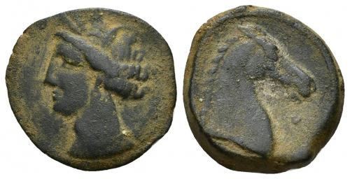 2023 - COLECCIÓN CORES. CERDEÑA (c. 300-264 a.C.). A/ Cabeza de Tanit a izq. R/ Cabeza de caballo a der., delante letra. AE 4,94 g. 21 mm. COP-151; CC-5396, mismo ejemplar. Pátina verde oscuro. MBC-.