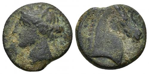 2024 - COLECCIÓN CORES. CERDEÑA (c. 300-264 a.C.). A/ Cabeza de Tanit a izq. R/ Cabeza de caballo a der., delante letra. AE 4,46 g. 19,5 mm. COP-149-150 var; CC-5400, mismo ejemplar. Pátina oscura erosionada. BC+/MBC-.