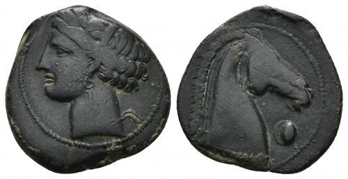 2025 - COLECCIÓN CORES. CERDEÑA (c. 300-264 a.C.). A/ Cabeza de Tanit a izq. R/ Cabeza de caballo a der., delante glóbulo. AE 5,24 g. 21 mm. COP-164; CC-5403, mismo ejemplar. Pátina oscura. MBC/MBC-. Muy escasa.