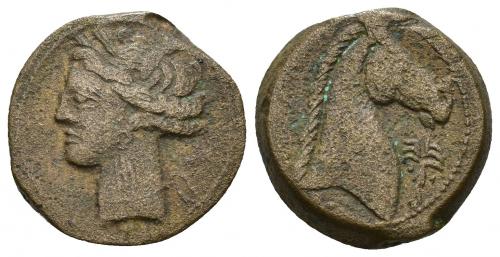 2026 - COLECCIÓN CORES. CERDEÑA (c. 300-264 a.C.). A/ Cabeza de Tanit a izq. R/ Cabeza de caballo a der., delante palmera. AE 5,12 g. 19 mm. COP-173; CC-5405, mismo ejemplar. MBC. Escasa.