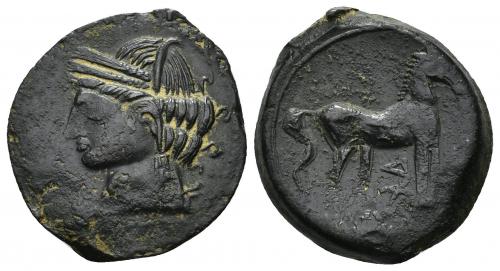 2028 - COLECCIÓN CORES. CARTAGO (264-221 a.C.). A/ Cabeza de Tanit a izq. R/ Caballo parado a der.; entre las patas monograma con las letras bet y tau. AE 7,42 g. 25 mm. COP-209; CC-5411, mismo ejemplar (corr.). Pátina oscura con leves erosiones. MBC+. Muy rara.