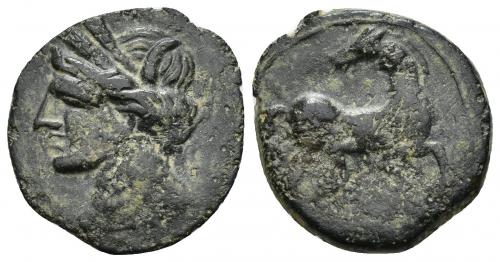 2029 - COLECCIÓN CORES. CARTAGO (221-210 a.C.). A/ Cabeza de Tanit a izq. R/ Caballo avanzndo a der. con cabeza vuelta. AE 4,89 g. 22,5 mm. COP-302; CC-5414, mismo ejemplar. Pátina oscura con erosiones. MBC/MBC-.