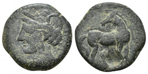 2030 - COLECCIÓN CORES. CARTAGO (221-210 a.C.). A/ Cabeza de Tanit a izq. R/ Caballo parado a der. con cabeza vuelta. AE 7,05 g. 22 mm. COP-307; CC-5416, mismo ejemplar. Vano en rev. Pátina verde. MBC-.